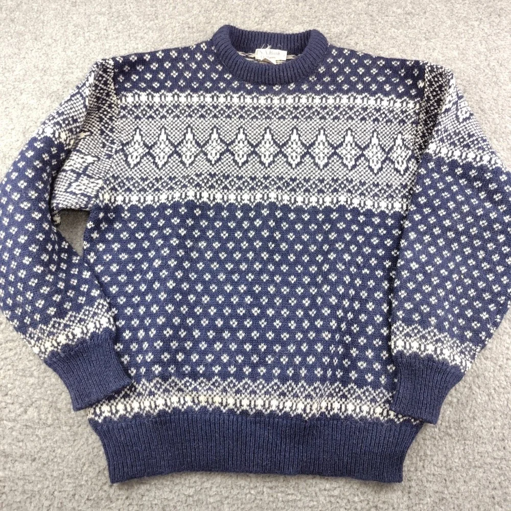 VTG Jos A Bank Wool Sweater Mens Small Shetland Fair Isle Blue Birds Eye EUC